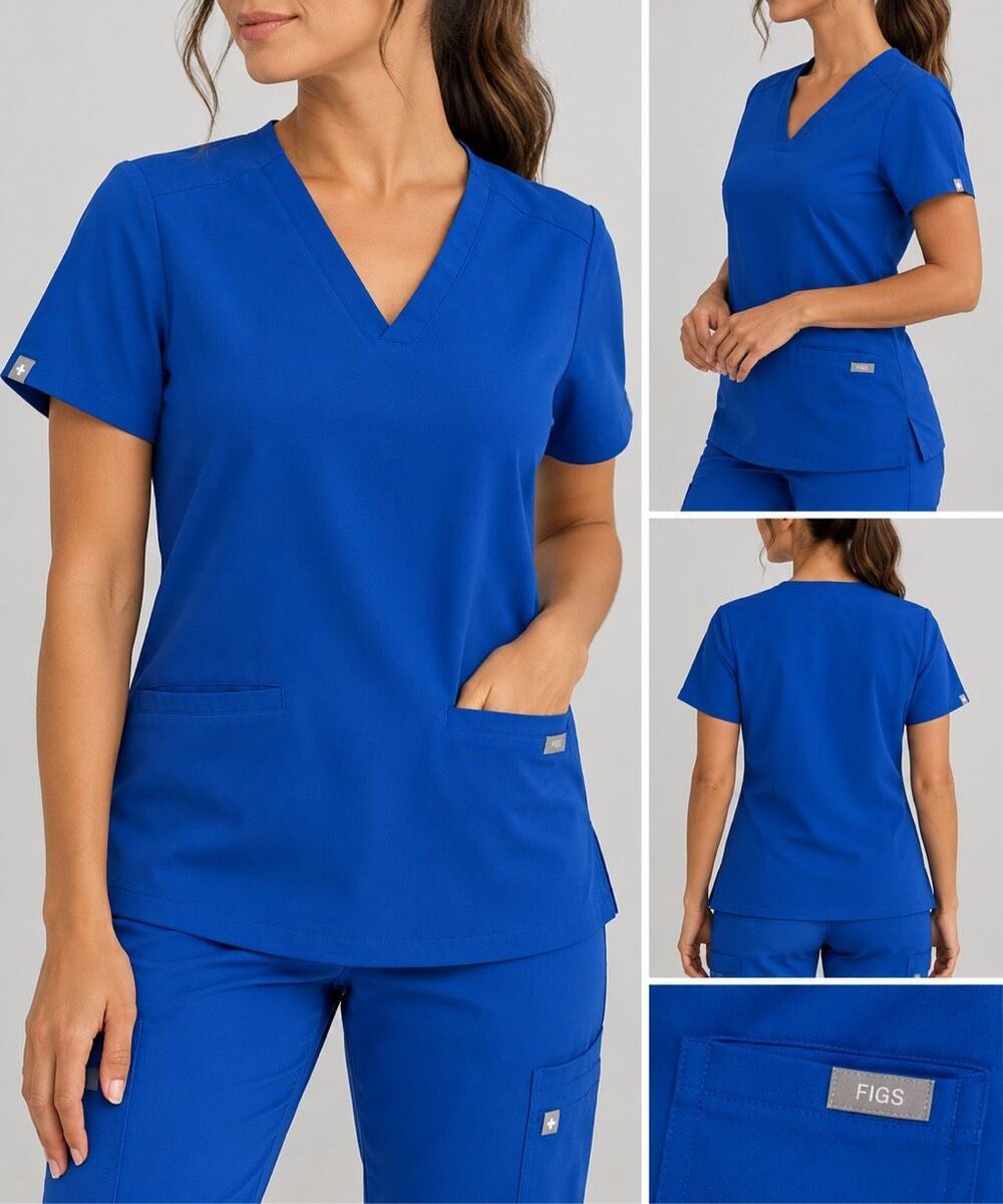 FIGS Scrub Top Medium Royal Blue V Neck Medical Nurse Stretch Pockets